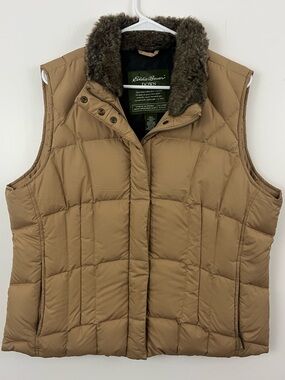 Eddie Bauer Down Puffer Vest Women’s XL Tan Faux Fur Collar Zip Snap Warm